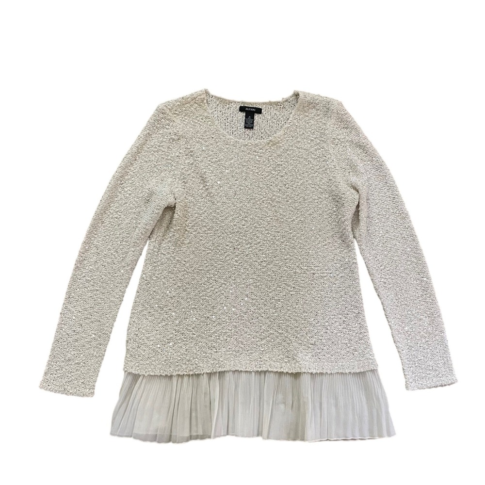 Alfani Womens Medium Cream Sequin Knit Sweater Pleated Chiffon Trim Hem Lon
